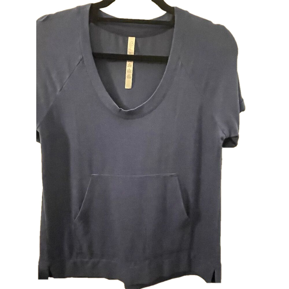 Women's Blue V-Neck Pullover Sweater M Short Sleeve w/ Front Pocket